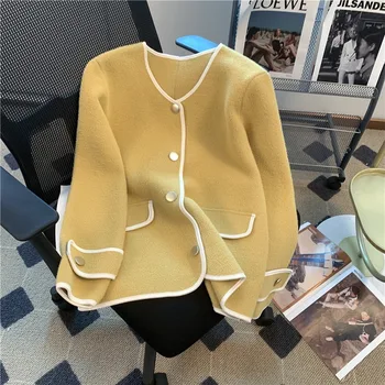 2023 Őszi Téli Koreai Stílus Egysoros V-Nyakú, Rövid Kabát Női Office Lady Divat Felsőruházat Luxus Patchwork Kabát