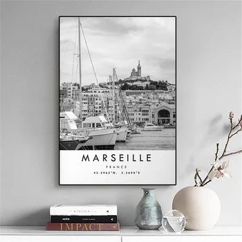 A Modern Város Marseille Utazási Poszter Fekete-Fehér Nyomtatás Franciaország Tájkép Vászon Festmény Wall Art Kép Minimalista Lakberendezés