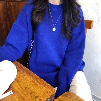 A Nők Őszi Téli Pullovers O Nyakú Hosszú Ujjú, Laza Kötés Ugrók Maximum 2023 Koreai Divat Új Őszi Téli Kék Pulóver