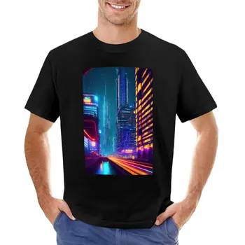 A futurisztikus cyberpunk neon city view T-Shirt nehézsúlyú póló aranyos, kupakos, fekete póló, fekete póló férfi