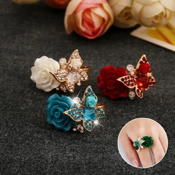 A nők Rose Pillangó Gyűrű Inlay Cseh Kristály Strassz-Állítható Gyűrű Eljegyzési Party Valentin-Nap Gyűrű, Ékszerek, Ajándék