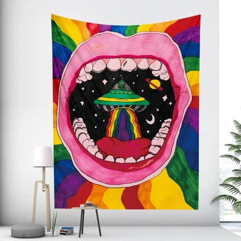 Absztrakt kézzel festett száj tarot pszichedelikus jelenet lakberendezés gobelin falra bohém room decor hippi mandala lapok