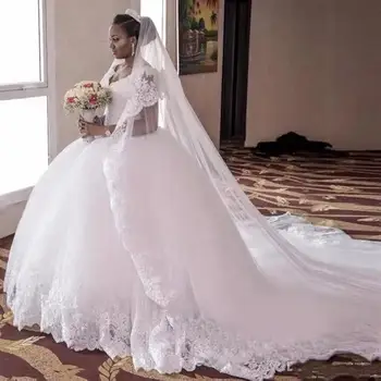 Afrikai Luxus Katedrális, Királyi Vonat Ball Ruha Esküvői V-Nyak Felső Rövid Ujjú Csipke Vintage Menyasszonyi Ruhák Vestido