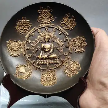 Antik bronz gyűjtemény, tiszta réz arany Rulai Buddha lemez, nyolc kincs Rulai Buddha lemez