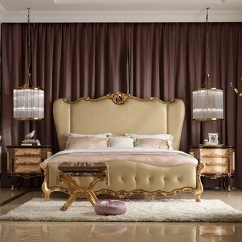 Fő ágy Európai Ágy, Kétszemélyes ágy, Luxus 1,8 m Pezsgő arany francia bőr tömör fa esküvői ágy Bükk Hercegnő ágy