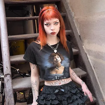 Gót Grafikus Póló Női Y2k Cyber Punk Termés Maximum Streetwear Fekete Rövid Ujjú Póló Nyári