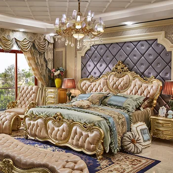 Hálószoba bútor Európai bőr ágy pezsgő arany villa kibővített franciaágy tömör fa esküvő dupla ágy