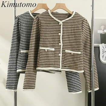 Kimutomo vintage laza kockás szín kontraszt tweed kabát, elegáns nő o-nyak egyetlen mell, hosszú ujjú kabát sokoldalú ins új