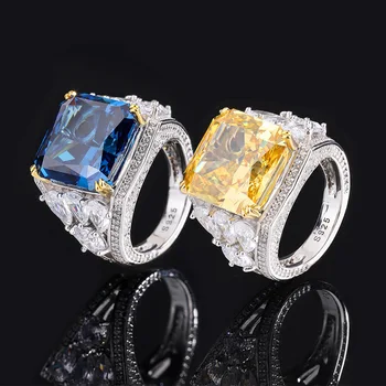 Klasszikus 14*14 mm Kék Sárga Négyzet Magas Szén-dioxid-Gyémánt Gyűrű A Nők 925 Sterling Ezüst Luxus Ékszer Eljegyzési, Esküvői Ajándék