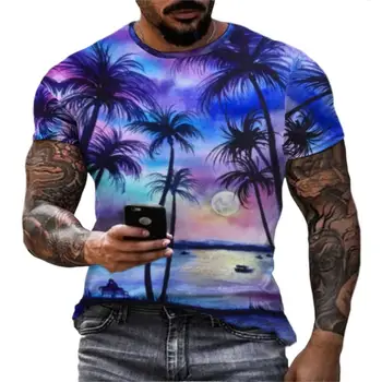 Kókusz Fa Póló Férfi Hawaii Póló 3D-s Digitális Nyomtatott Tshirt Virágos Trópusi Hajtóka Strand Alkalmi Laza Felső Férfi Ruházat
