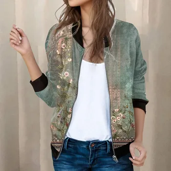 Női Alkalmi Napi Kabátok, Könnyű Zip Fel Alkalmi Kabát Virágmintás Kabát Kerek Nyak Túlméretezett Maximum Vintage Alkalmi Kabát