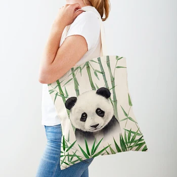 Panda Majom, Zsiráf, Tigris Trópusi Levél Növény Cipel a Hölgy Táskáját Shopper Táska Rajzfilm Állat Vászon, Női Bevásárló Táskák