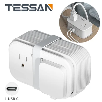 TESSAN Lapos Csatlakozó Aljzat Extender 4 Üzletek & 3 USB Port, 7 1 elosztó 3 ft Ultra Vékony dróttal a Haza