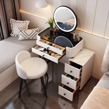 Tömör Fa Kis Lakás Fésülködő Asztal Hálószoba Modern, Egyszerű, Világos Luxus Rock Panel Smink Szekrény Tükör Mini Storage Íróasztal