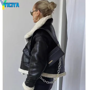 Vastag Téli Női Cipzáras Kabát Moto Motoros Outwear kabátok felső Műbőr Szőrme Kabát rövid Bombázó Nők Vintage Laza