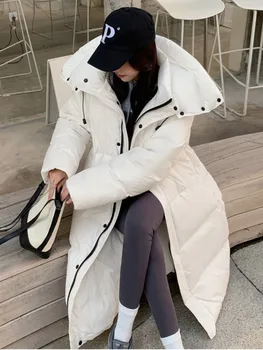 Új Egyszínű X-Hosszú, Egyenes Téli Kabátok Női Cipzáras Zubbonyok Ruha Alkalmi Kapucnis Meleg Téli Kabát Női Outerwears