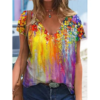 Új Virág, Virágos 3D Nyomtatás póló Női V-Nyakú, Rövid Ujjú Póló Y2k Maximum Streetwear Harajuku Túlméretezett póló Nő Ruházat