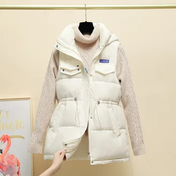 Őszi-Téli Új koreai Stílus Divat egyszínű Kapucnis Közepes hosszúságú Bélelt Mellény Női Laza Alkalmi Megvastagodott Derék Kabát